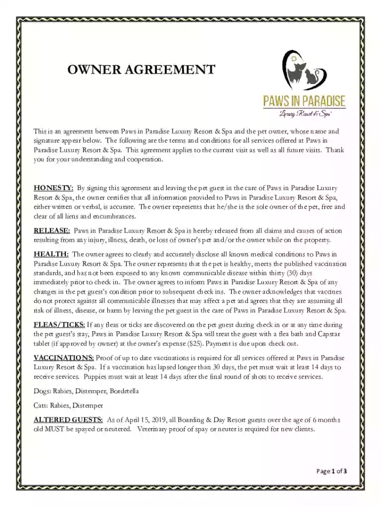 OWNER AGREEMENT BOARDING and DAY RESORT Preview on Page 1