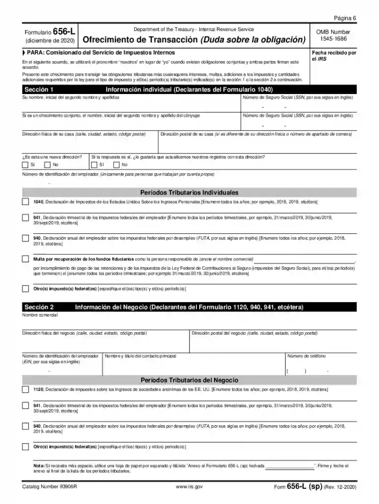 Form 656-L (sp) (Rev 12-2020) Offer in Compromise (Doubt as to Liability) (Spanish Version) Preview on Page 1