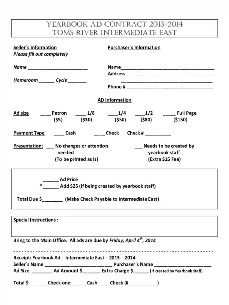Yearbook Contract Ad Form - Toms River Regional Schools Preview on Page 1
