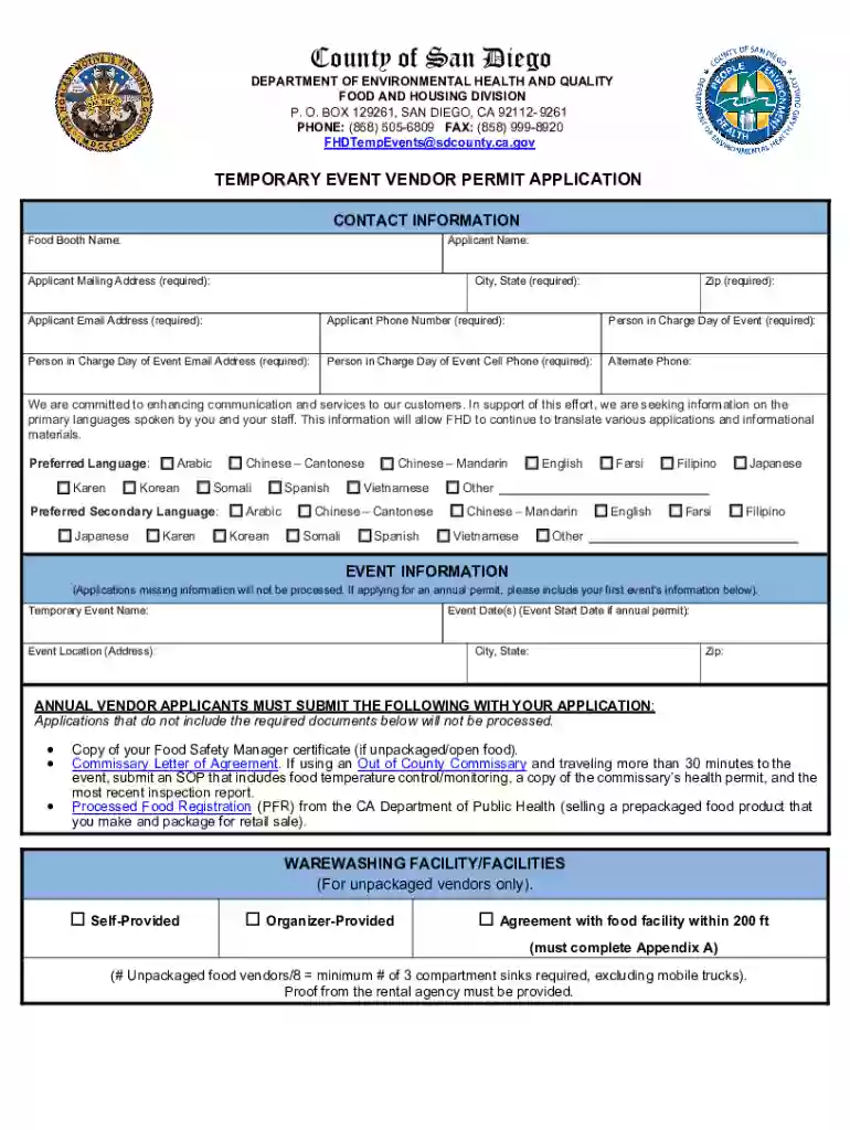Temporary Food Facility Vendor Application Preview on Page 1