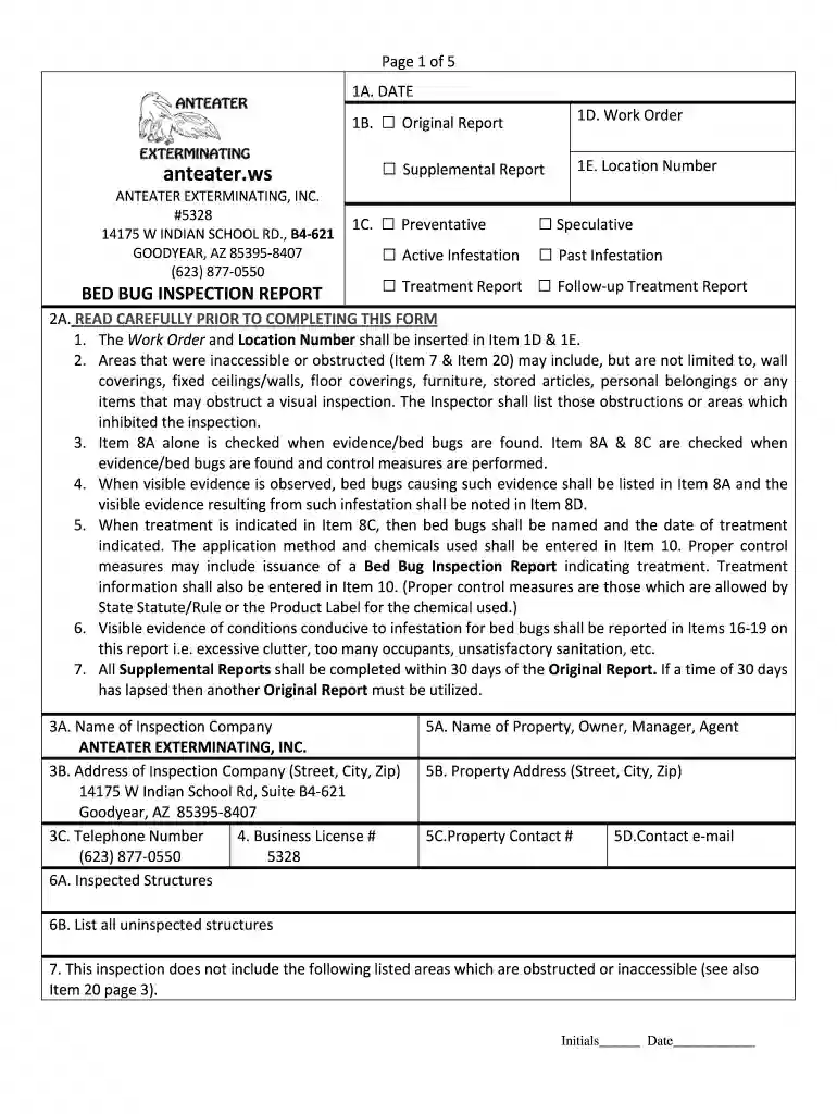 bed bug inspection report template Preview on Page 1