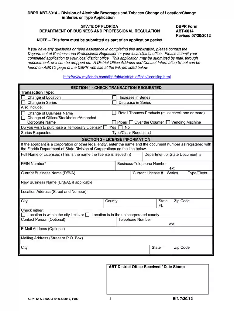 1 Eff. 7/30/12 DBPR ABT-6014 Division of Alcoholic Beverages ... Preview on Page 1