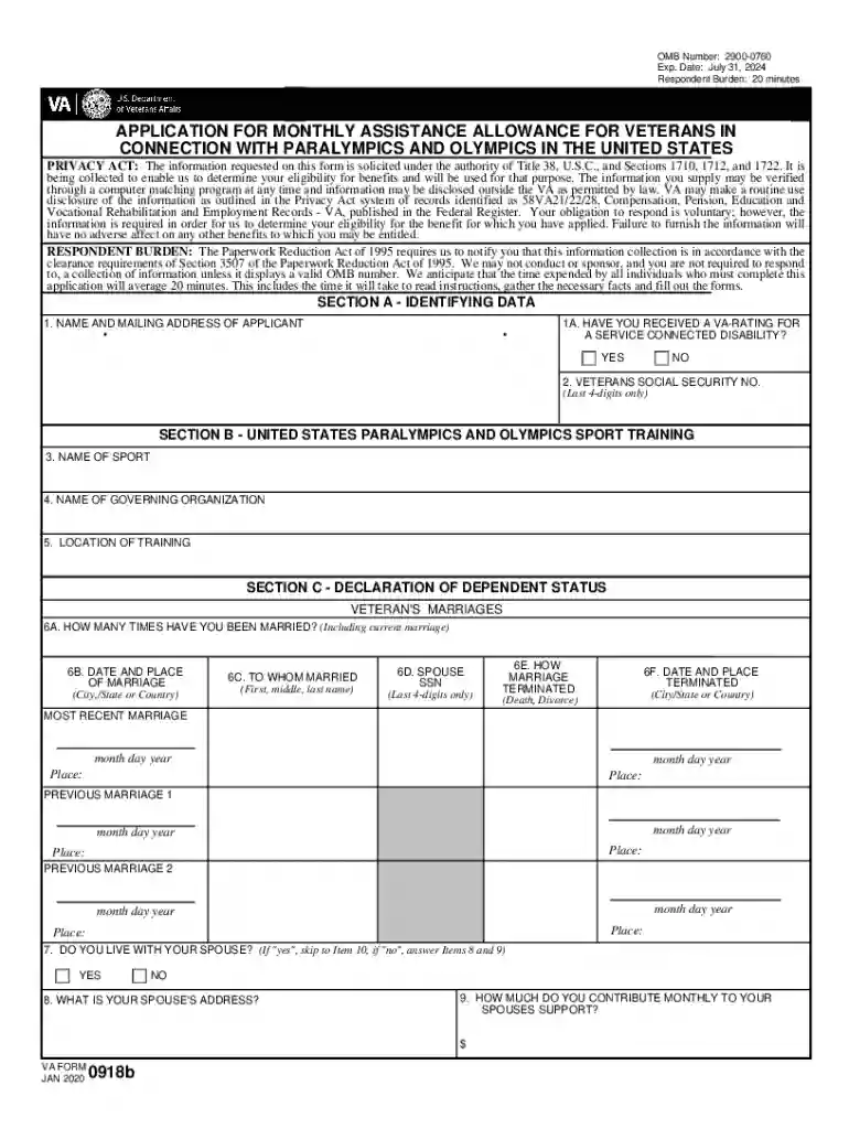 VA Form 0918b Application for Monthly Assistance Allowance for Veterans Preview on Page 1