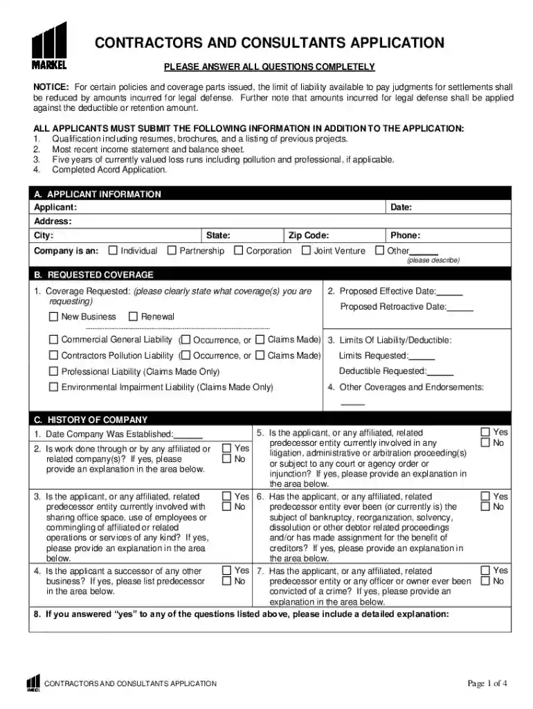 Contractors and Consultants Application Preview on Page 1