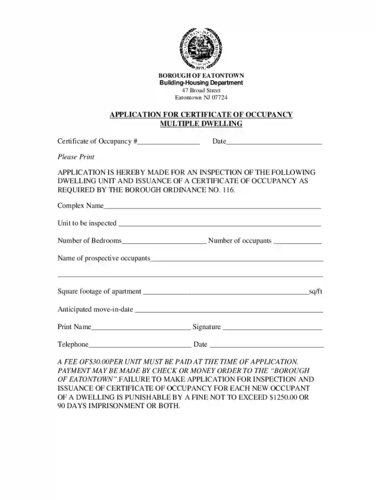 Certificate of Occupancy Application for Multi Dwellings Preview on Page 1