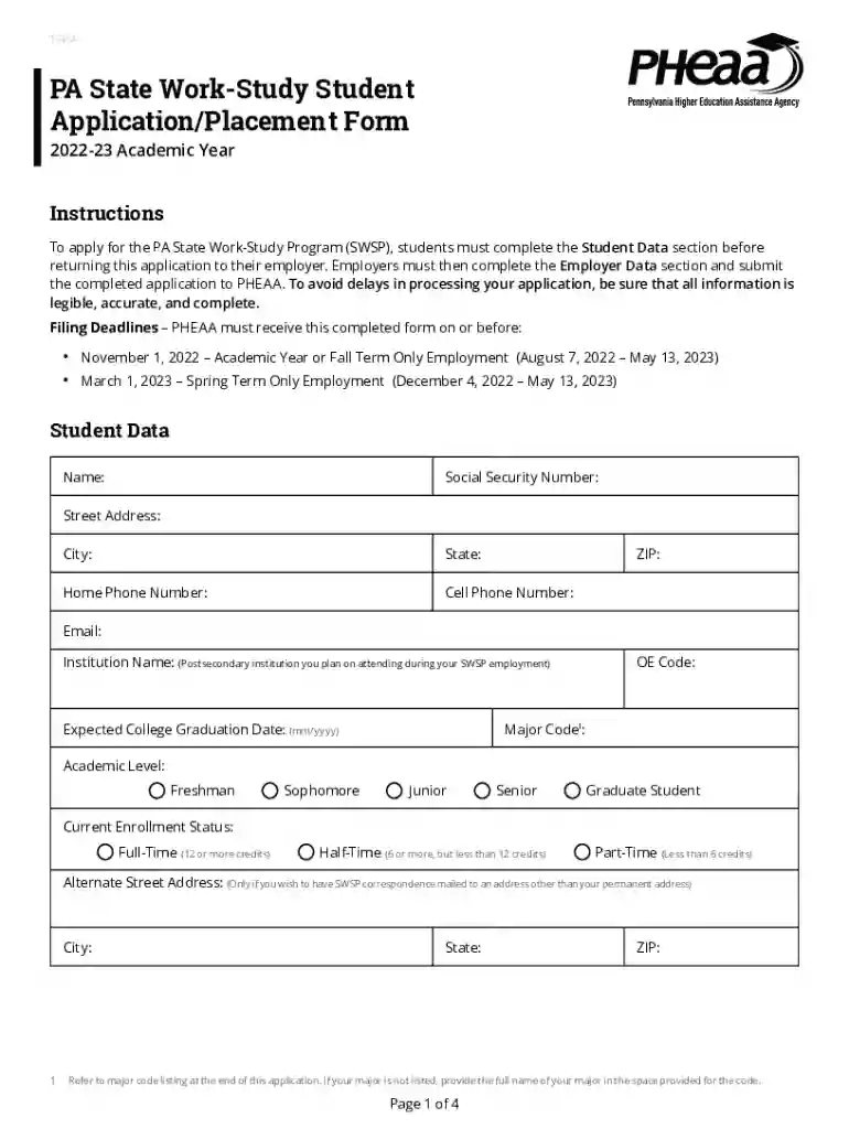Pennsylvania State Work Study Application Preview on Page 1