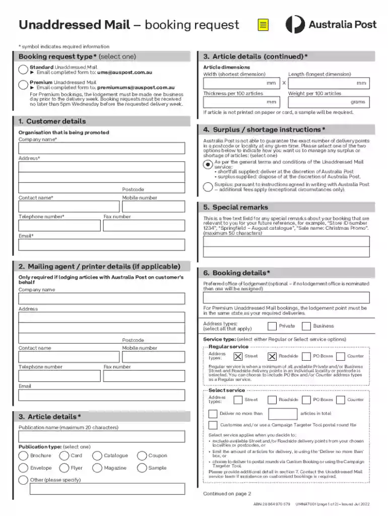 unaddressed mail booking request Preview on Page 1