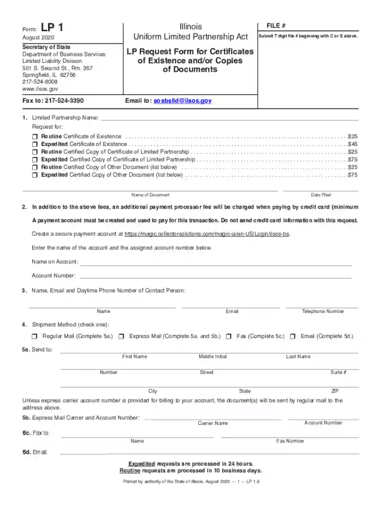 LP Request Form for Certificates of Existence and or Copies of Documents Preview on Page 1