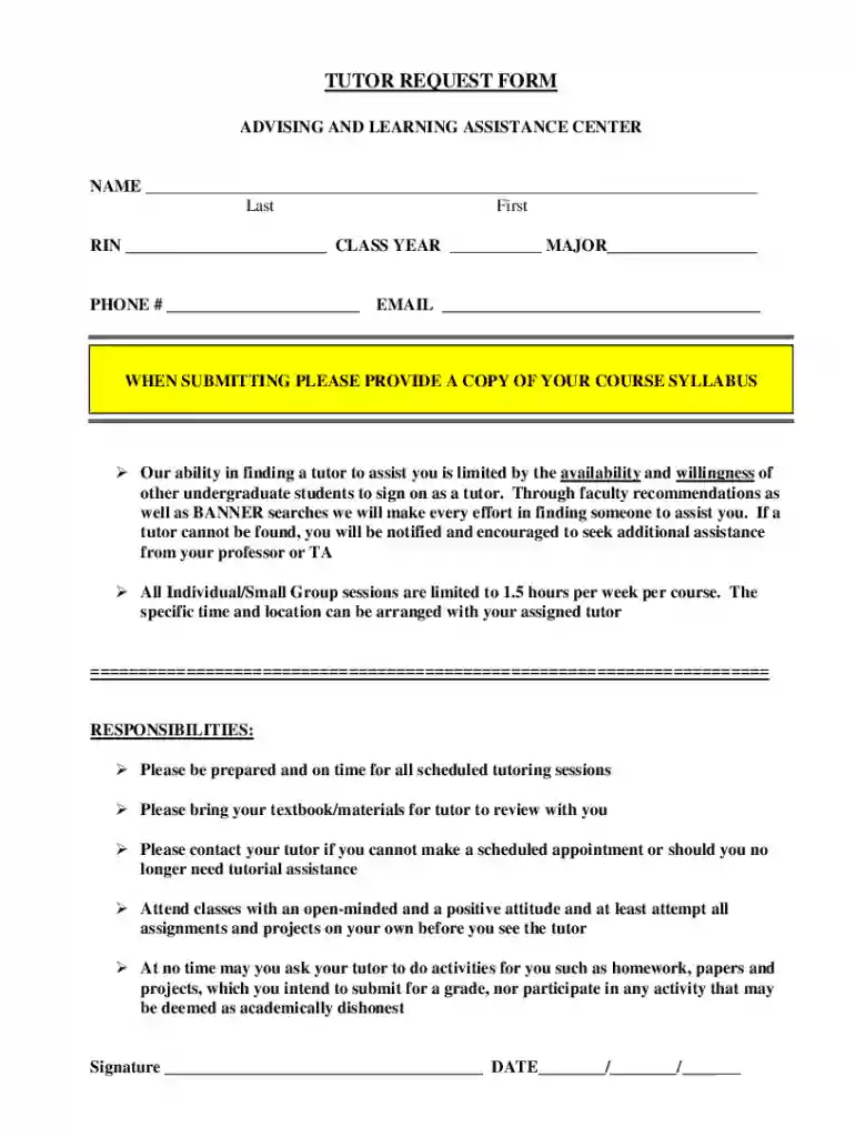 Tutoring Services Request FormLearning Commons Preview on Page 1