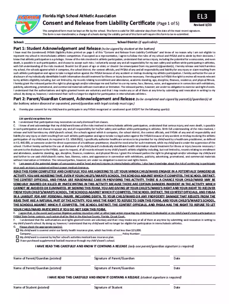 Florida High School Athletic Association Consent and Release Preview on Page 1