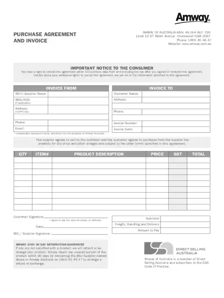 Amway Australia Purchase Agreement Preview on Page 1
