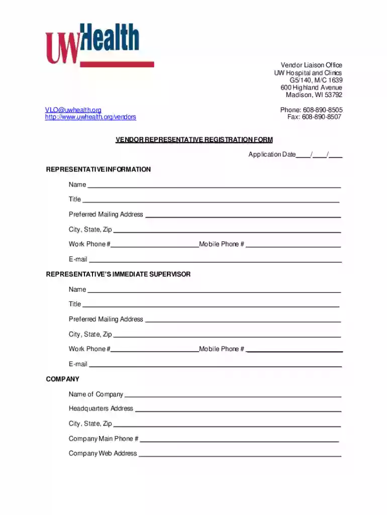 Vendor Representative Registration Form Preview on Page 1