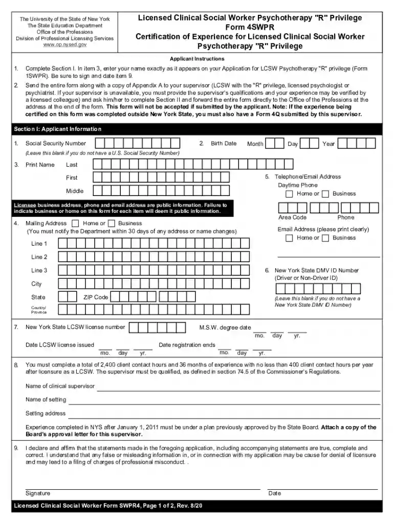 swpr4 Certification of Experience for LCSW Psychotherapy R Privilege Preview on Page 1