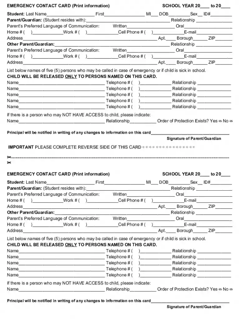 EMERGENCY CONTACT CARD (Print information) SCHOOL YEAR Preview on Page 1