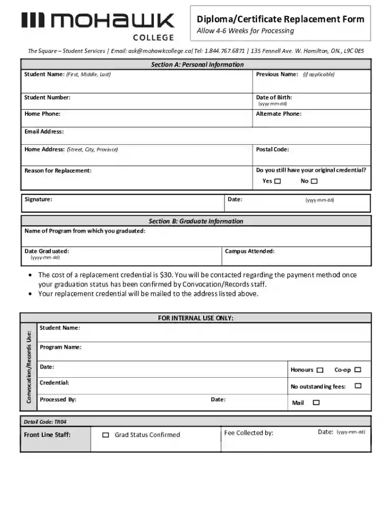 Diploma Replacement Form Preview on Page 1