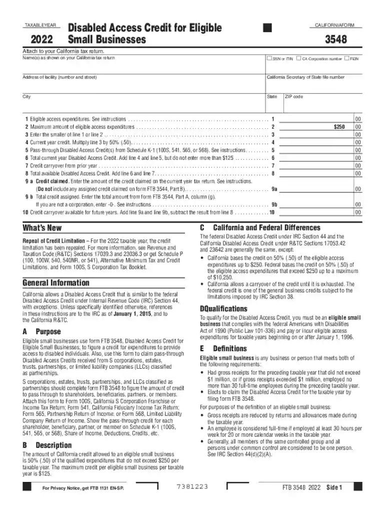 2022 California Form 3548 Disabled Access Credit for Eligible Small Businesses 2022 California Form Preview on Page 1