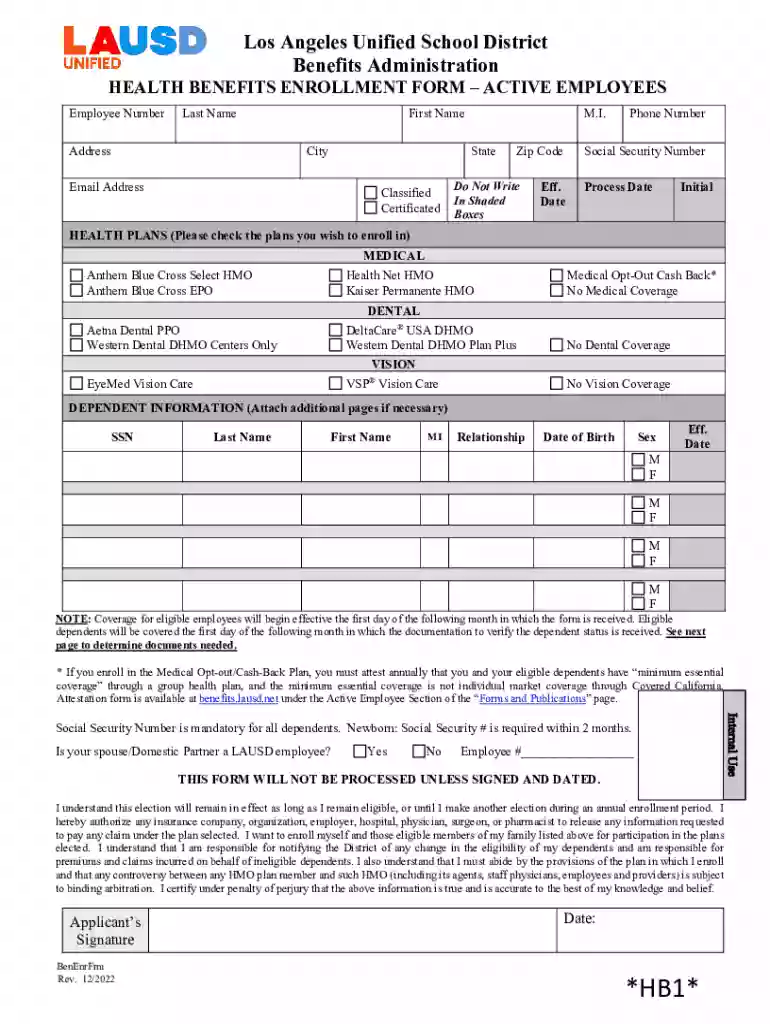 Health Benefits Enrollment Form - Active Employees Preview on Page 1