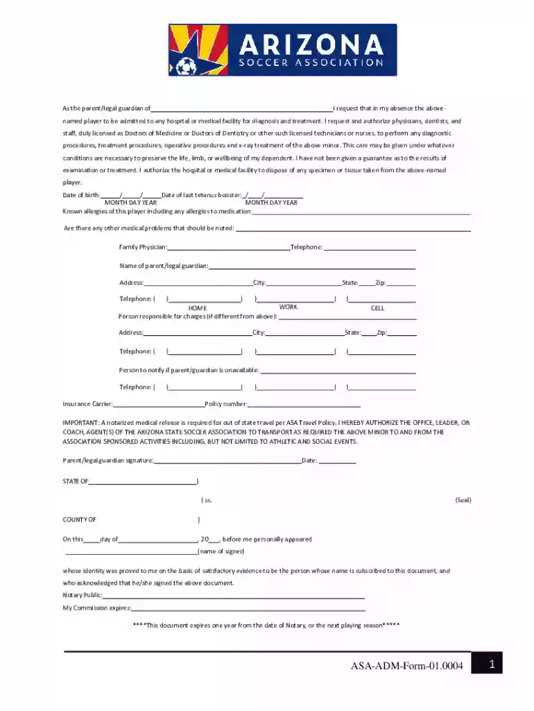 arizona soccer association medical release form Preview on Page 1