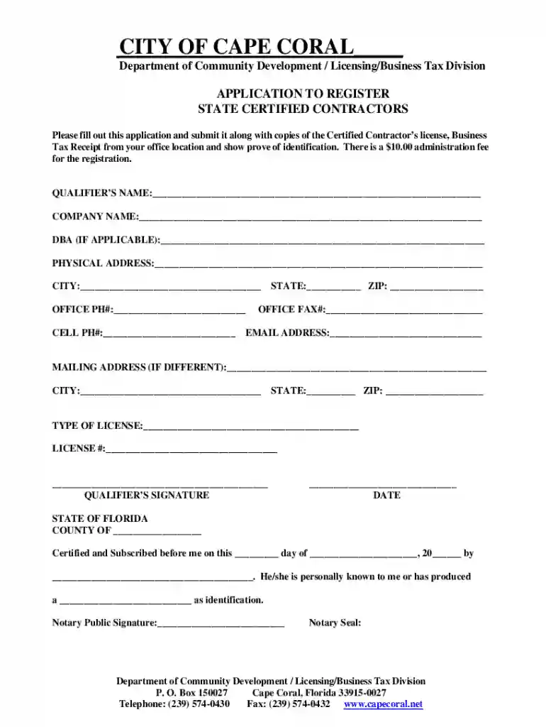 City of Cape Coral Application to Register State certified Contractors Preview on Page 1