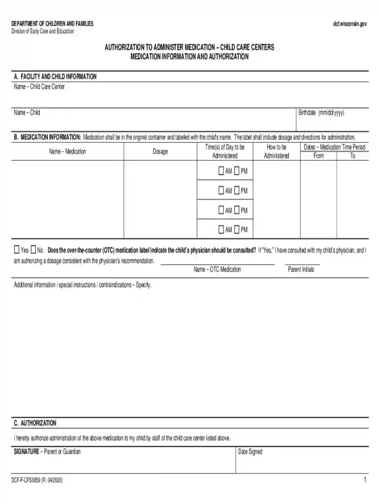 Authorization to Administer Medication Child Care Centers Preview on Page 1