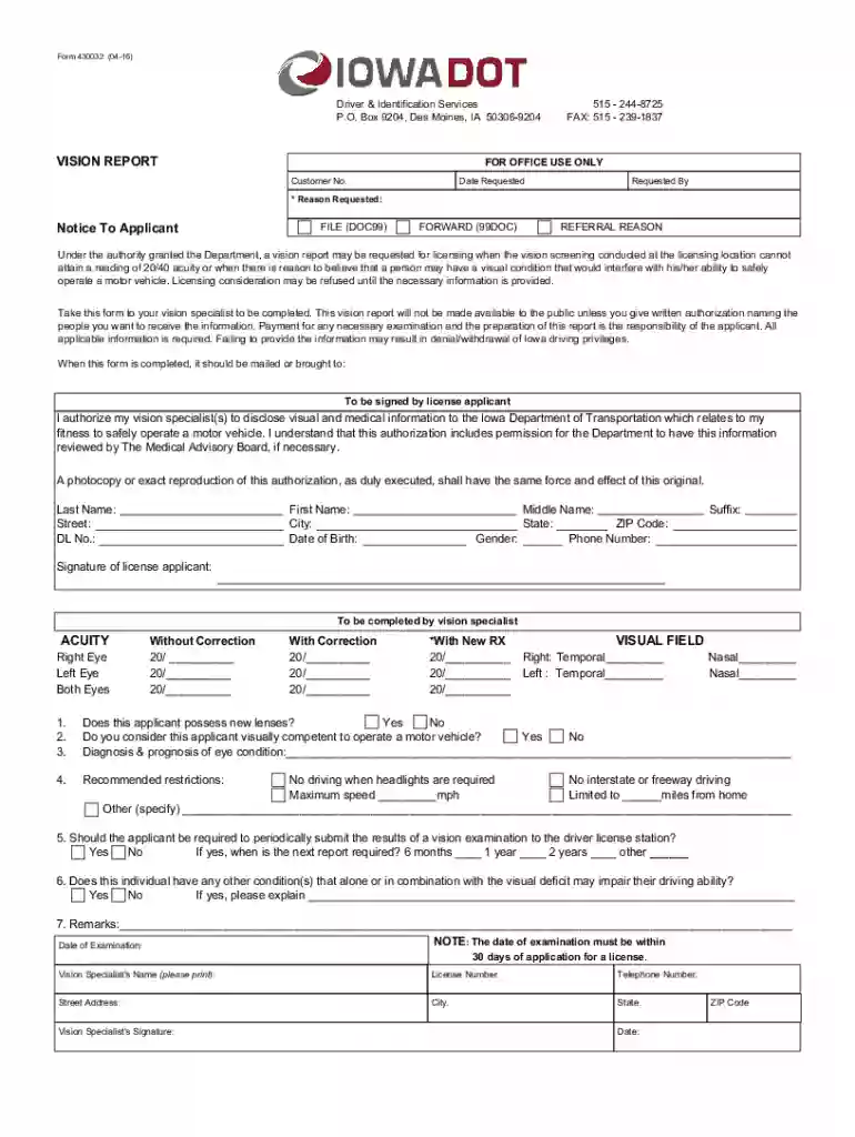 Bureau of Motor Vehicles - EYE EXAMINATION FORM Preview on Page 1