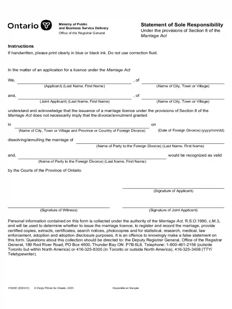 Statement Of Sole Responsibility - Marriage Act - Forms - Central Preview on Page 1