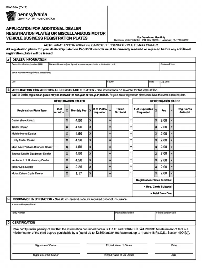 Pennsylvania Additional Dealer Registration Plates Application Preview on Page 1