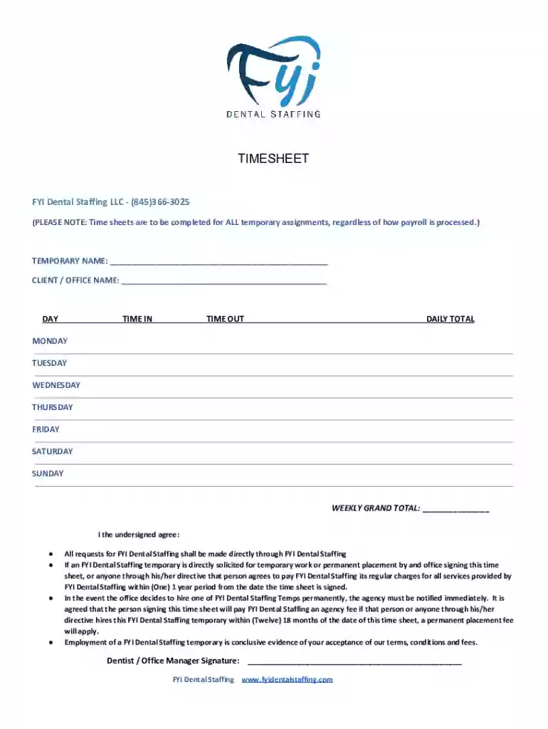Dependable Dental Staffing Time Sheet To be paid by the Preview on Page 1