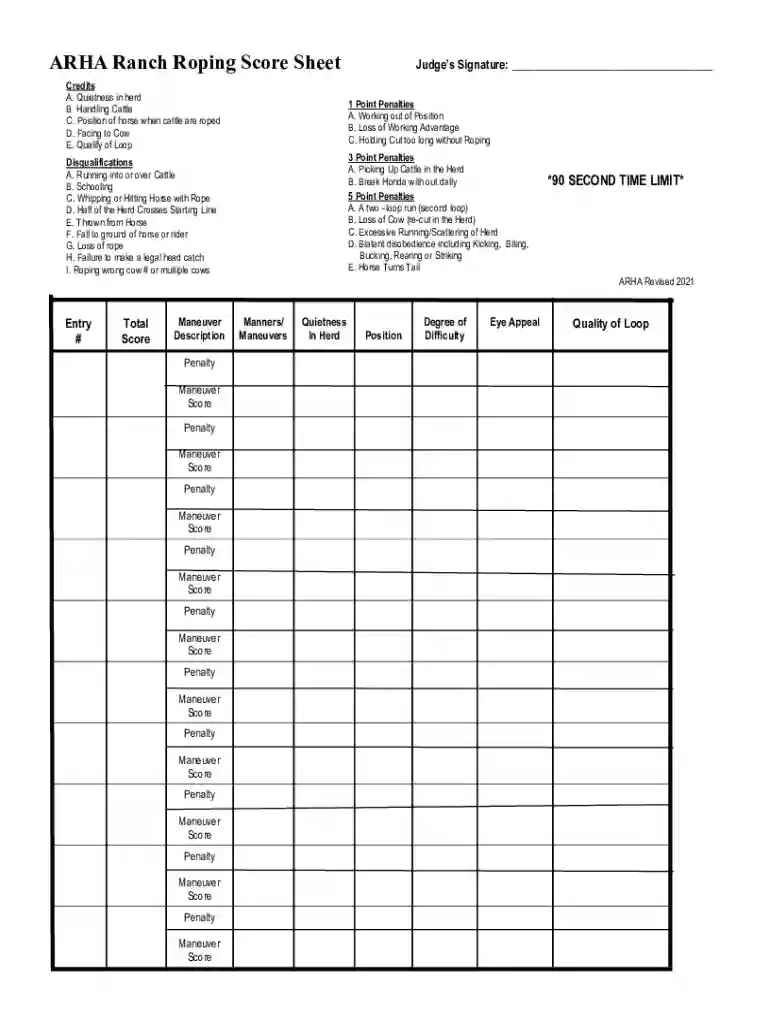 ARHA Ranch Roping Score Sheet Preview on Page 1
