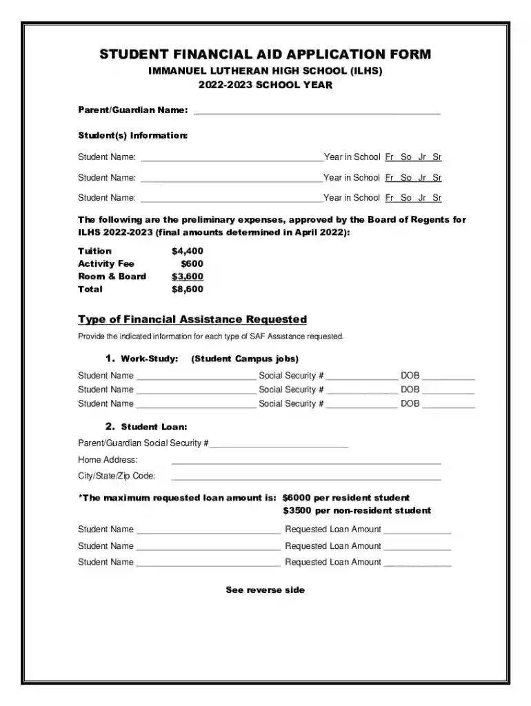 I Parent Student Data II Resources III Financial Aid Request Preview on Page 1