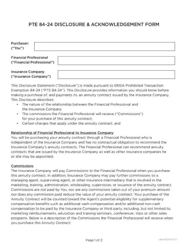 PTE 84-24 Disclosure and Acknowledgement Form Preview on Page 1