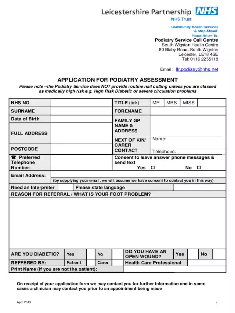 podiatry assessment form Preview on Page 1