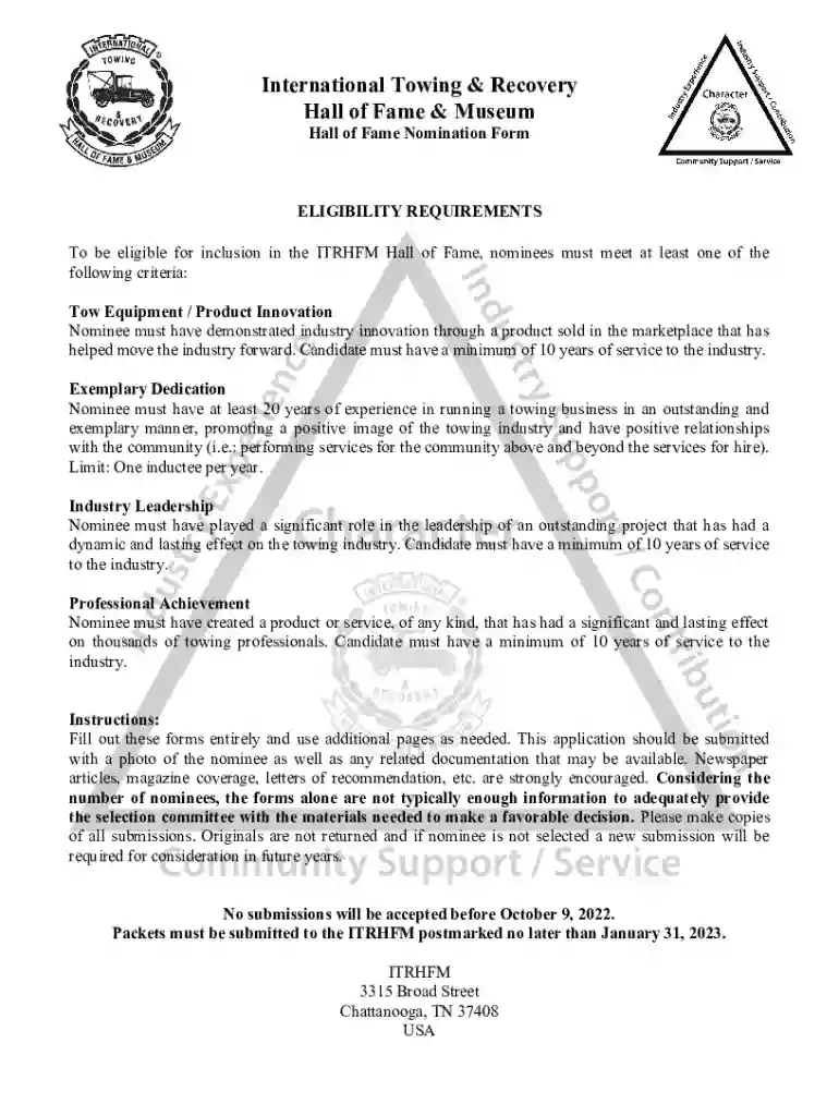 ITRHFM Hall of Fame Nomination Form Class of 2023 Preview on Page 1