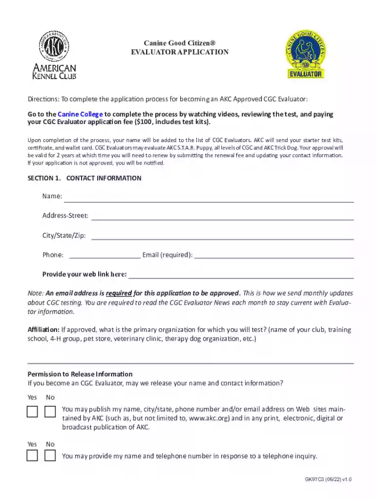 Canine Good Citizen EVALUATOR APPLICATION Preview on Page 1