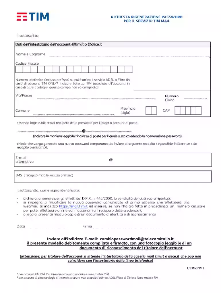 Richiesta di rigenerazione password per il servizio TIM Mail Preview on Page 1