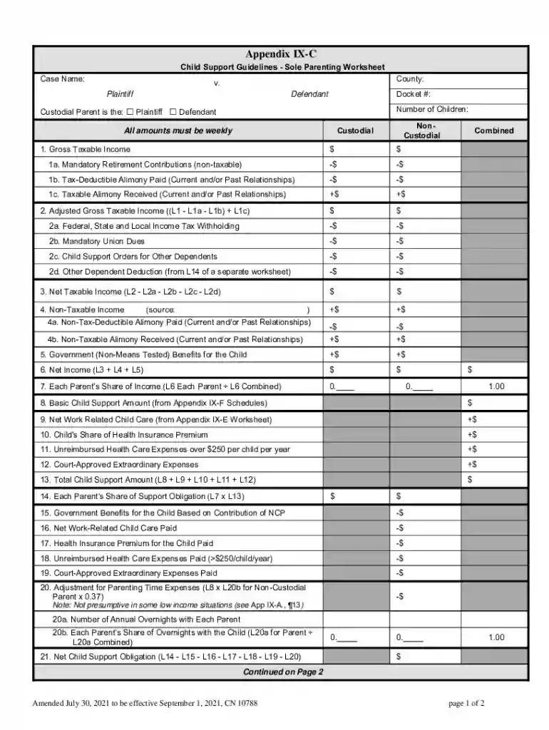 Child Support Guidelines Sole Parenting Worksheet - Rule Appendix IX-C Preview on Page 1