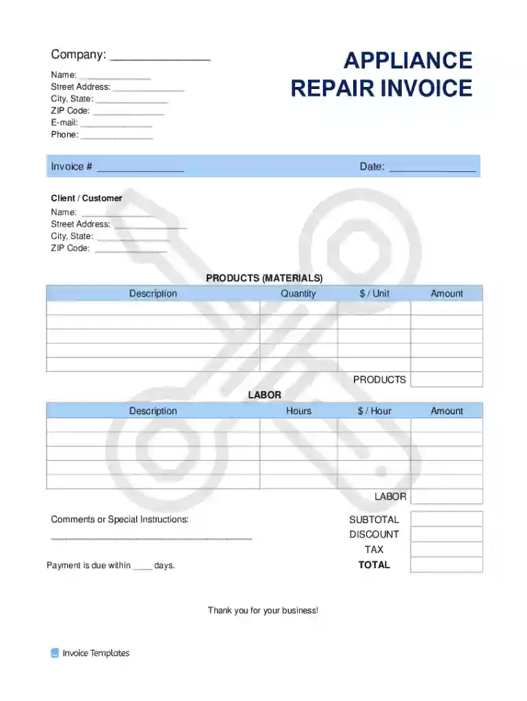 Appliance Repair Invoice Template Preview on Page 1