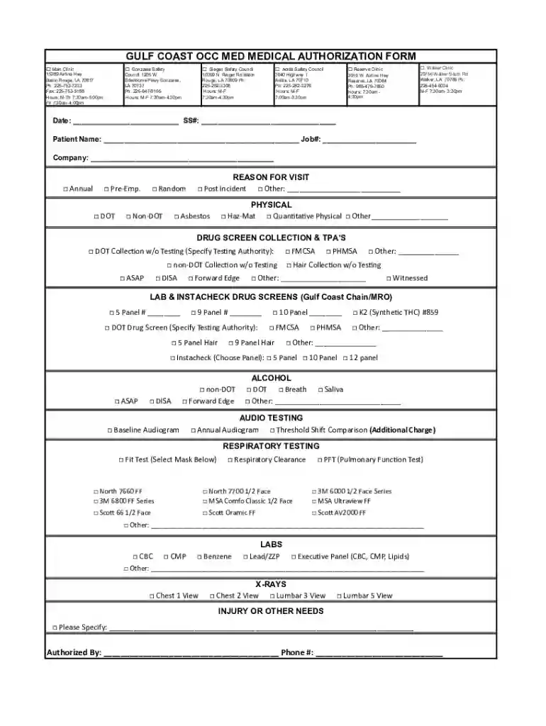 gulf coast occ med medical authorization form Preview on Page 1