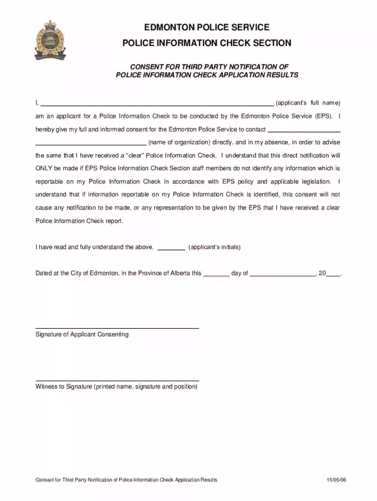 EDMONTON POLICE SERVICE POLICE INFORMATION CHECK Preview on Page 1