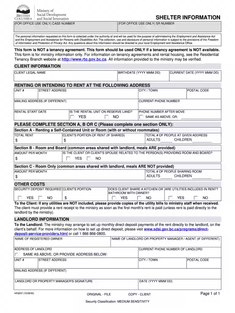 shelter information form Preview on Page 1