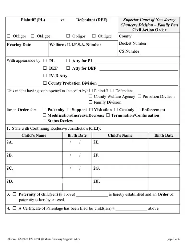 New Jersey Family Support Order Preview on Page 1