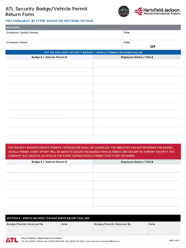 atlanta airport badge return form Preview on Page 1