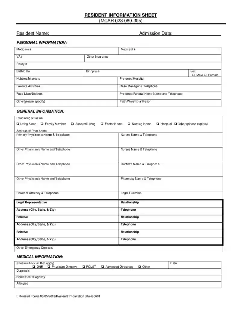 RESIDENT INFORMATION SHEET Preview on Page 1