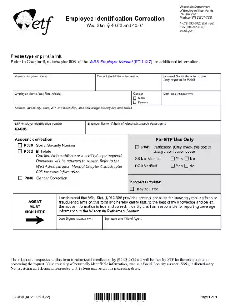 Employee Identification Correction - Wis Stat 40 03 and Preview on Page 1