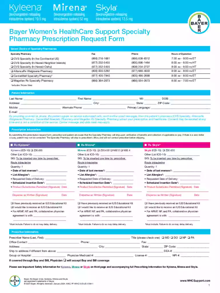 Bayer Women s HealthCare Specialty Pharmacy Prescription Request Form Preview on Page 1