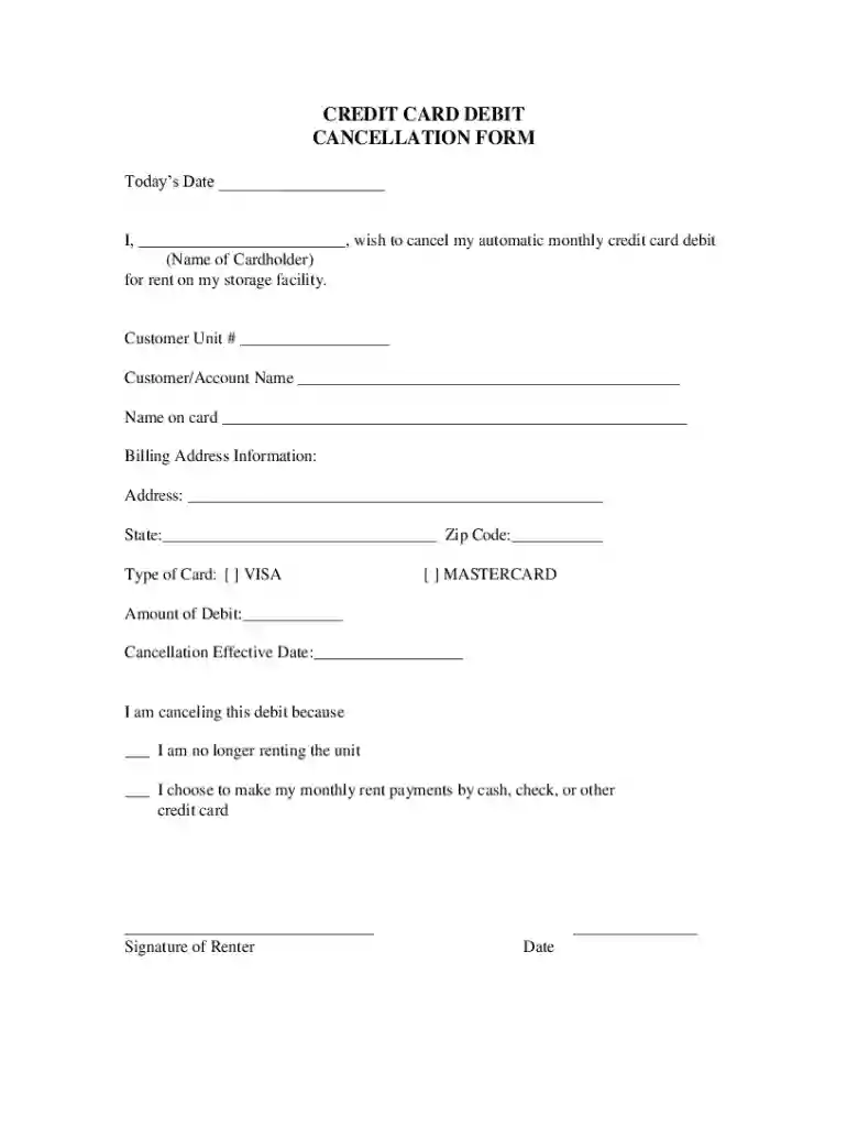 Credit Card Debit Cancellation Form Preview on Page 1