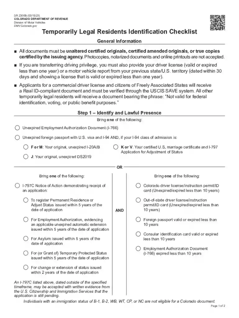 DR 2300B and Temporarily Legal Residents Identification Checklist Preview on Page 1