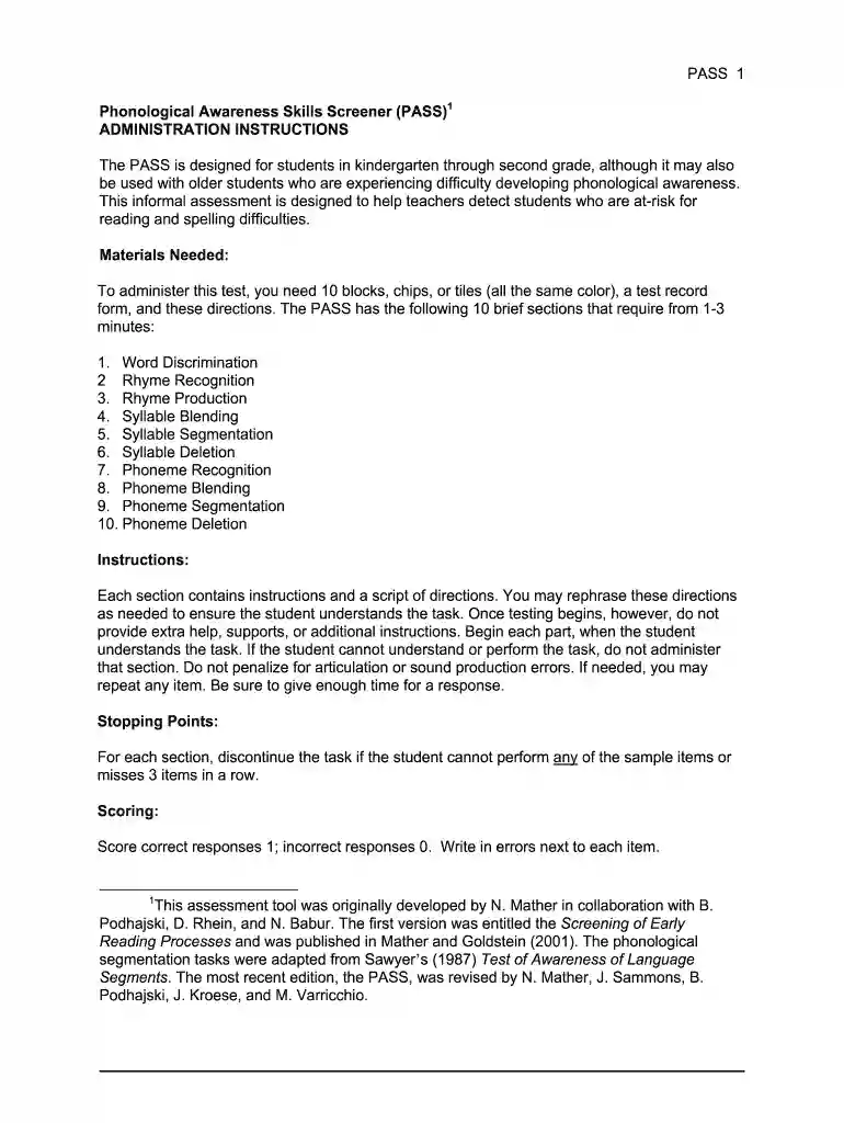 pass assessment phonological awareness Preview on Page 1