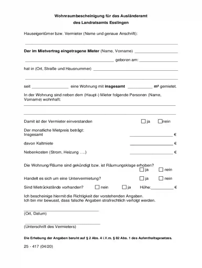Wohnraumbescheinigung for Foreigners Office Preview on Page 1