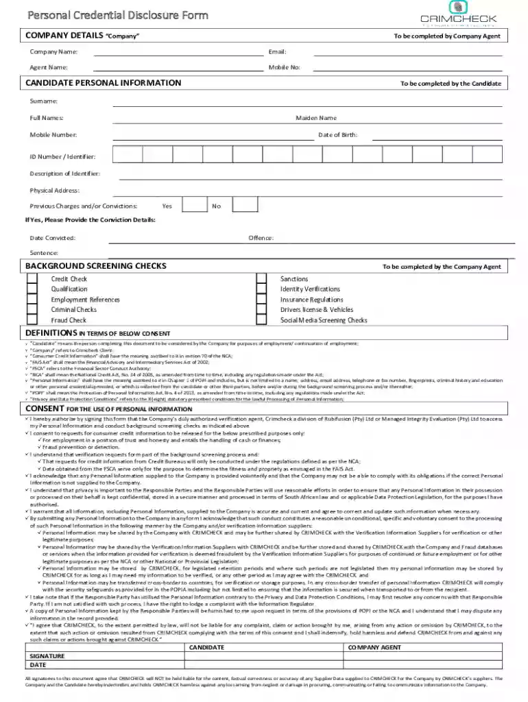 Personal Credential Disclosure Form - CrimCheck Preview on Page 1